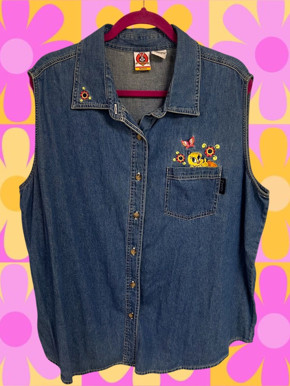 Vintage Looney Tunes women’s Tweety Bird embroidered denim vest